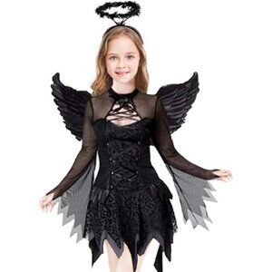Kids Girls Fallen Angle Costume Black Fancy Party Dress with‎ Headband and Wings